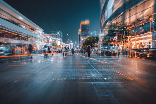 AI facial recognition and people tracking in urban environment, surveillance and security technology concept