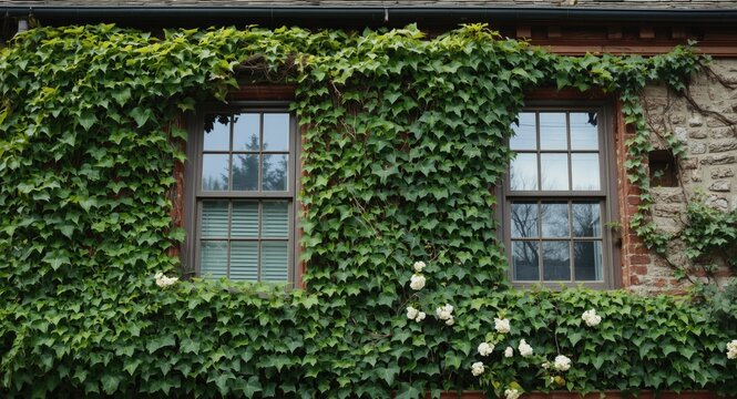 Unrestrained ivy climbing on house facades demonstrating natural erosion and restoration priorities
