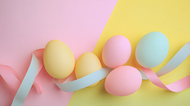 Colorful Easter eggs on pastel background, spring holiday minimal design concept
