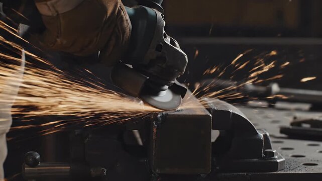 Close-up of sparks flying from a grinder working on metal held in a vice