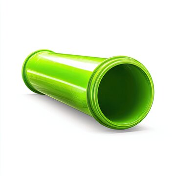 Bright green plastic pipe on white background, angled slightly, shadows visible