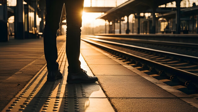A solitary traveler stands on a sunlit urban train platform, bathed in the warm glow of dawn or dusk, reflecting on journeys past and future as rails stretch into the hopeful horizon