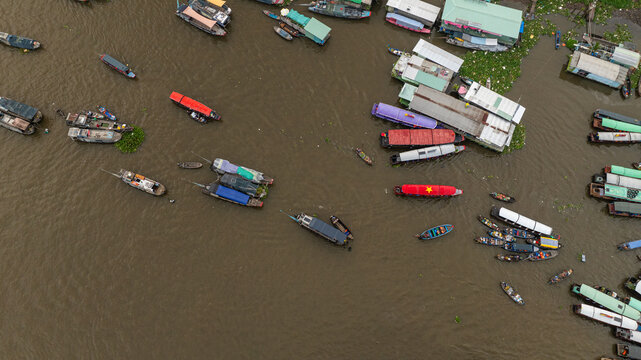 Cai Rang Floating Market Aerial View in Can Tho Vietnam