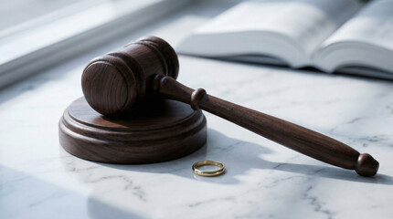 Obraz premium Divorce law and legal separation concept photo. Wooden gavel and sound block next to gold wedding ring on marble surface. Open law book background.