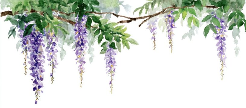 Watercolor depiction of hanging purple wisteria flowers, green leaves, and brown branches on white