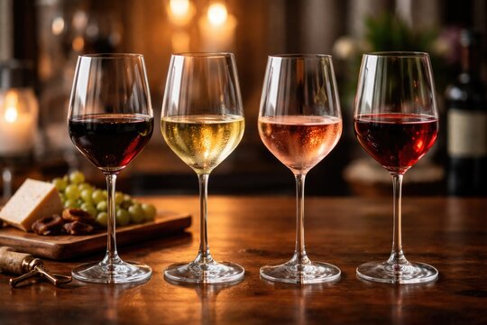 Elegant Wine Glasses Arrangement with Varied Wine Types on Wooden Table