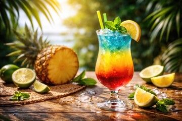 Fototapeta premium Vibrant layered cocktail glass garnished with lemon and mint on a tropical table featuring fresh pineapple and lime slices with copy space