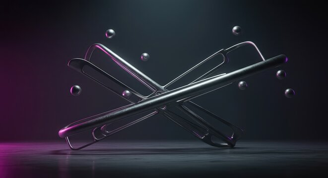 Abstract metallic structure floating in an infinite, dark, undefined void. Mysteriously lit with soft atmospheric effects ,glowing ,rendering ,Unknown