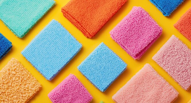 Eye catching assortment of microfiber cloths positioned on a bright yellow background
