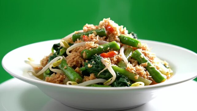 Freshly Prepared Urap Sayur Indonesian Vegetable Salad Sprinkled With Toasted Coconut And Chili In A White Bowl Isolated On Green Screen