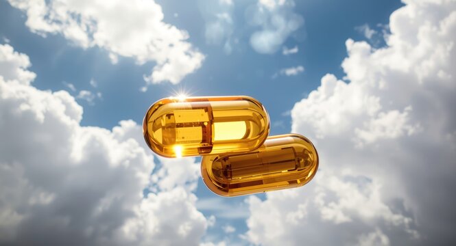 Vitamin D3 and K2 in shiny golden tablets with sky and clouds behind