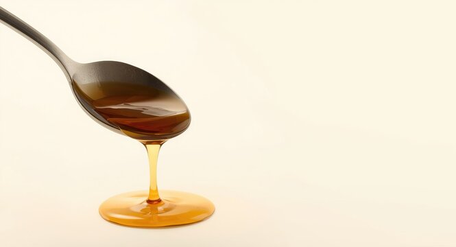 Vanilla extract dripping from spoon with space for text on light background