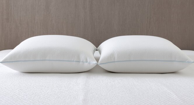 Two king size gel memory foam pillows positioned on bed with foam filling visible and adjustable thickness setting