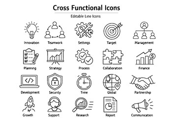 Fototapeta premium Cross Functional Line Icons Set, Innovation, Planning, Strategy, Process, Collaboration and Business Workflow Outline Vector Icons