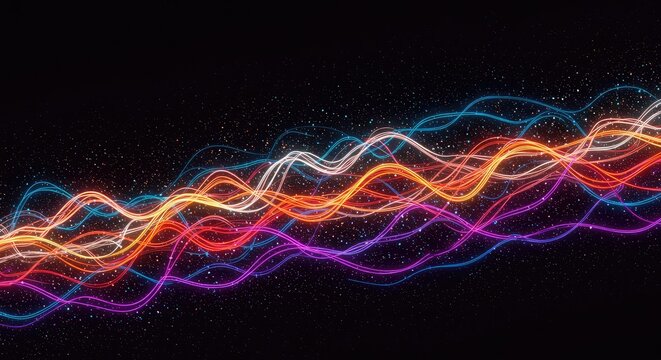Abstract background showing many winding, brightly colored paths flowing across a dark digital space, creating a complex, unpredictable network pattern ,movement ,complex ,neon