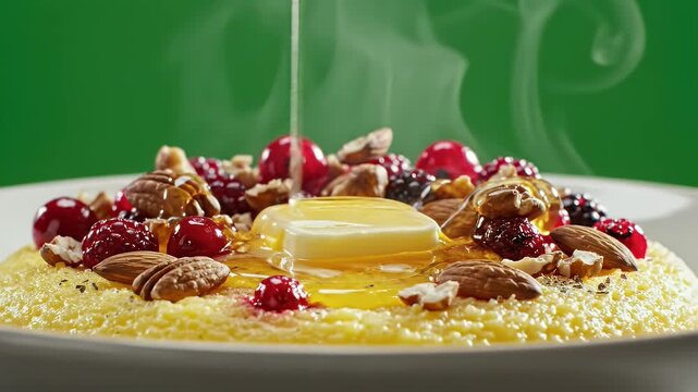 Golden Polenta Breakfast With Fresh Berries Nuts and Honey Drizzled Slowly Melted Butter Close Up Macro Food Commercial