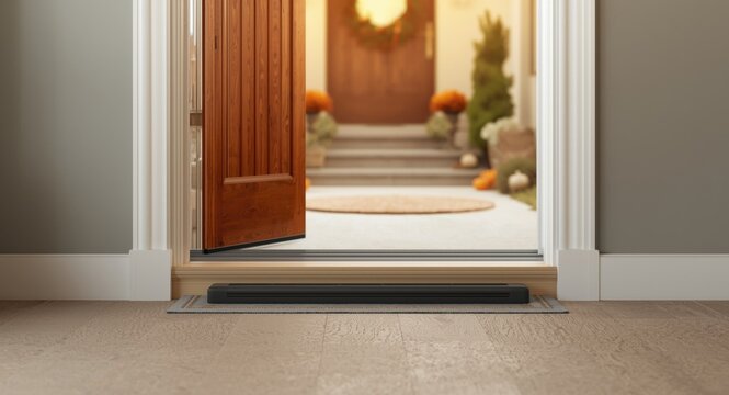 Weatherproof draft blocker set at entrance to reduce heat loss