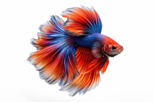 Vibrant Betta fish with flowing fins captured on clean white background