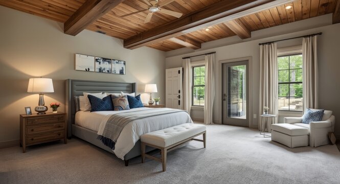 Spacious modern farmhouse bedroom with decorative pillows and exposed wooden ceiling beams