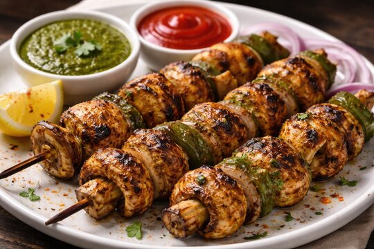 Grilled Mushroom Tikka Skewers with Green Chutney and Ketchup on White Plate