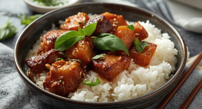Flavorful basil pork belly stir-fry paired with fluffy rice