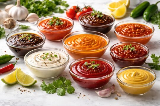 Variety of flavorful sauces displayed on a clean white countertop