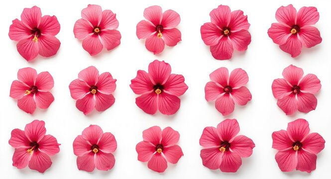 Varied angle shots of pink hibiscus flowers laid out in a grid on plain white background