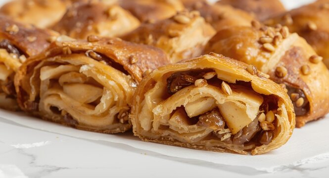 Close up of sliced apple nut and raisin strudels displayed on crisp white surface