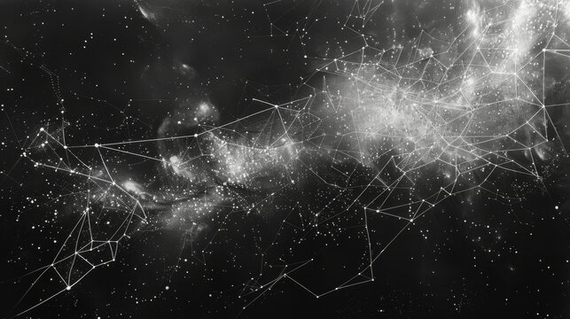 An abstract, glowing web of interconnected points and lines cascades across a dark backdrop, illustrating concepts of connectivity and network structures.