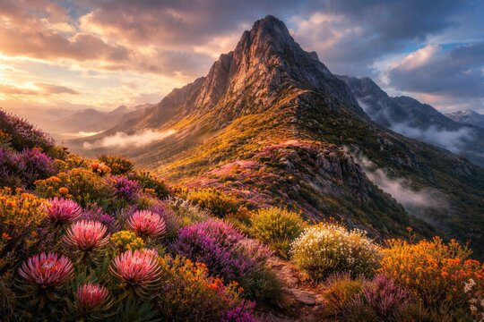 Artistic view of a mountain peak covered with colorful fynbos and blooming flowers