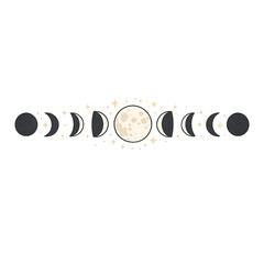 lunar cycle, golden moon, moon phases, celestial design, astrology, mystic, night sky, cosmic, astronomy, moon illustration, golden accents, celestial art, full moon, crescent moon, waxing moon, wanin © Tita