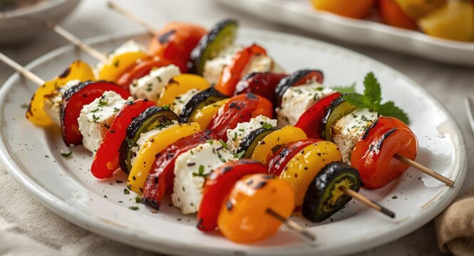 Grilled vegetable skewers with feta cheese and mixed peppers on a serving plate
