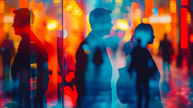 Silhouetted people in a modern office at sunset