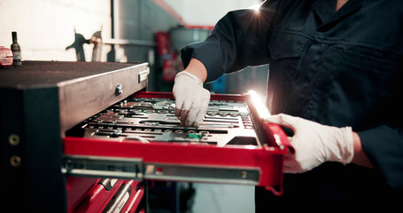 Tools, drawer and hands of mechanic in garage for auto service, maintenance and vehicle repair. Workshop, technician and person with metal equipment for motor industry, inspection and fixing engine © peopleimages.com