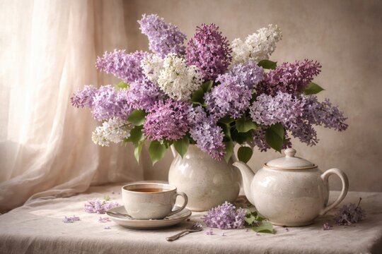 Still life of lilac flower bouquet with ceramic teapot and cup on table against soft light backdrop