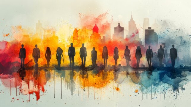 A group of professionals are silhouetted against the vibrant colors of a city at dusk, seen through the glass walls of a modern office.