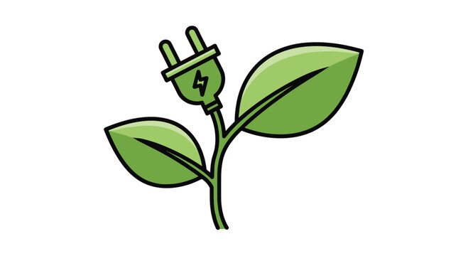Sustainable green energy concept featuring a plant with leaves and an electric plug with a lightning bolt symbol for eco power.