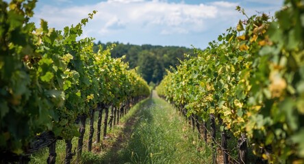 Fototapeta premium Lush vineyard grape harvest targeted at organic dry white wine