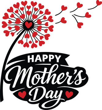 Happy Mother's Day heart dandelion vector illustration, love typography design, red heart flower blowing seeds, romantic greeting card, elegant floral artwork, printable celebration graphic, modern ca