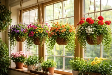 Fototapeta premium Hanging potted plants with vibrant flowers decorating an interior window setting
