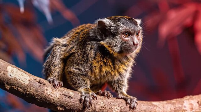 Cute marmoset monkey perched on a branch against a colorful background with vibrant foliage in nature setting