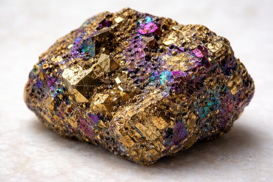 Detailed close-up of chalcopyrite mineral stone on white surface