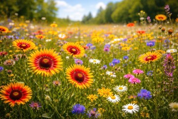 Obraz premium Vibrant summer meadow with Gaillardia pulchella and diverse wildflowers blooming under bright sunlight