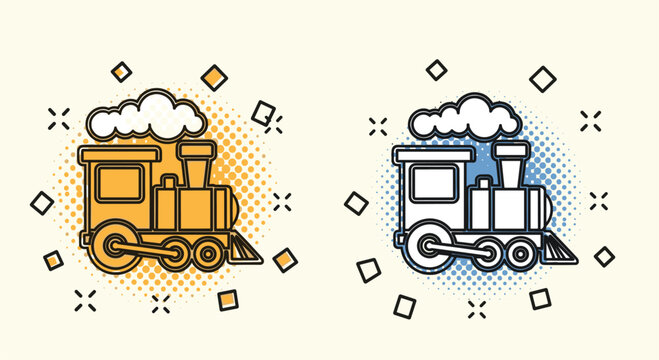 Classic steam train locomotive blowing a cloud of smoke shown in two different colorful and detailed comic book styles.