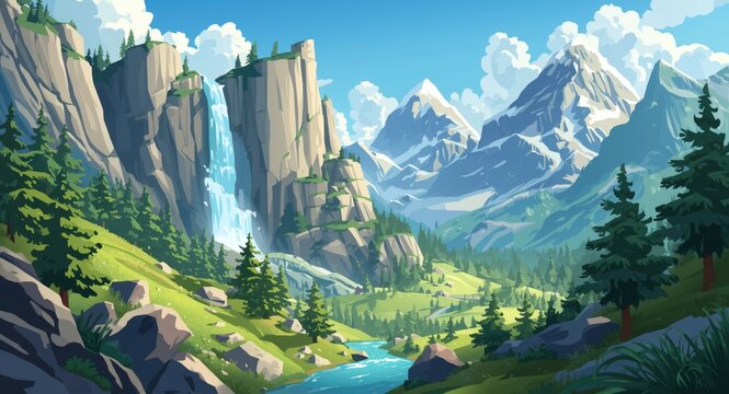 Vibrant 2D cartoon scene with a towering waterfall, majestic mountains, and dense pine forest ideal for game design
