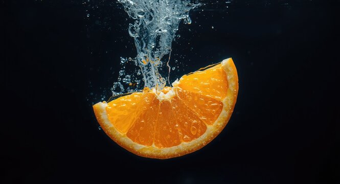 Bright orange wedge bubbling underwater with a dark backdrop