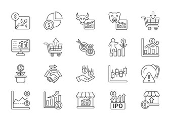 Fototapeta premium Stock market thin line icon set. Containing stock, shares, bull market, bear market, buy, exchange, sell, financial, investor. Vector illustration