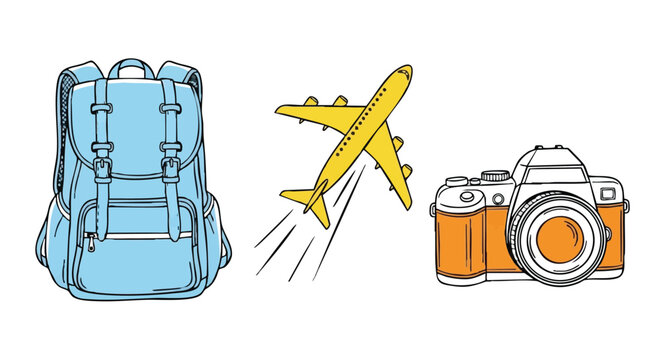 A collection of essential travel items featuring a blue backpack, yellow plane, and a camera icon