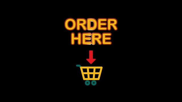 Order Here Icon with Shopping Cart and Arrow pointing down, illustrating a call to action for purchasing items online