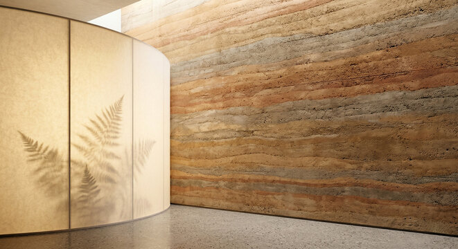Sustainable Rammed Earth Wall with Diffused Paper Light for Copy Space